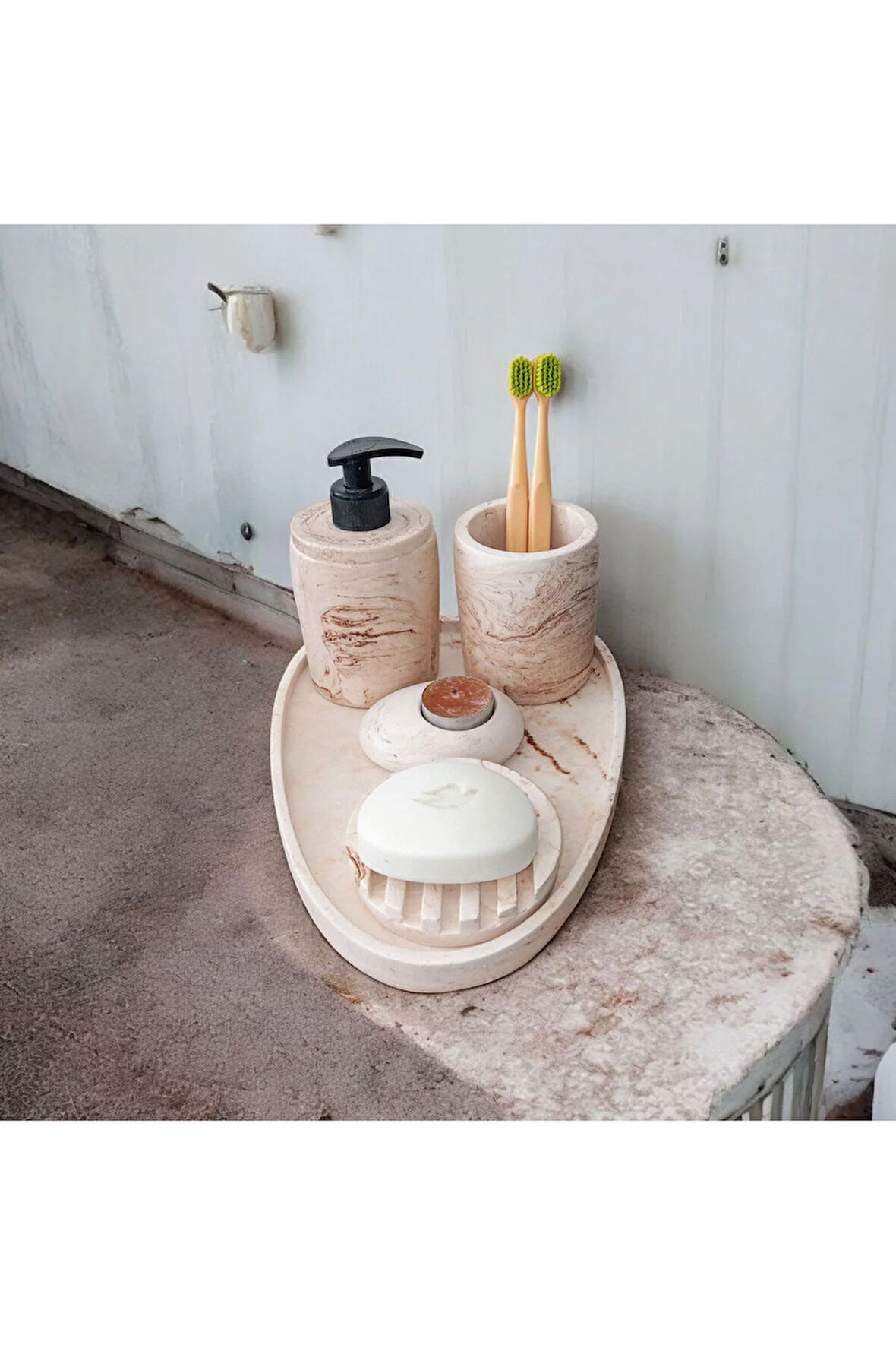 5'lİ Mermer Desenli Beton Banyo Seti , Sıvı Sabunluk Diş Fırçalığı Aksesuar