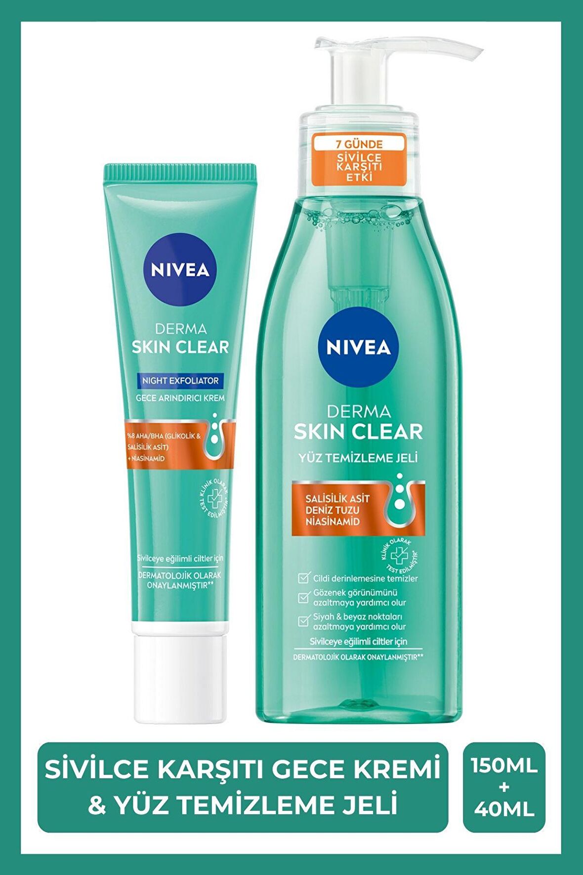 NIVEA Derma Skin Clear Sivilce Karşıtı Yüz Temizleme Jeli150ml, Gece Kremi40ml, Salisilik Asit, Niasinamid