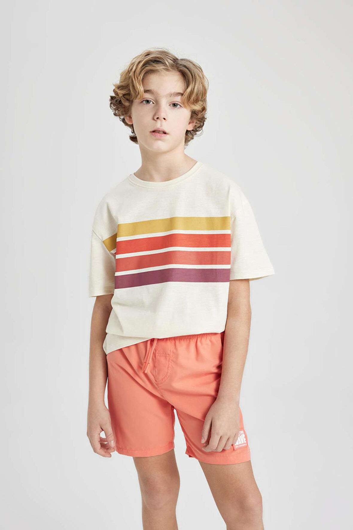 DeFacto Erkek Çocuk Oversize Fit Bisiklet Yaka Çizgili Kısa Kollu Tişört B6410A824SMBG759