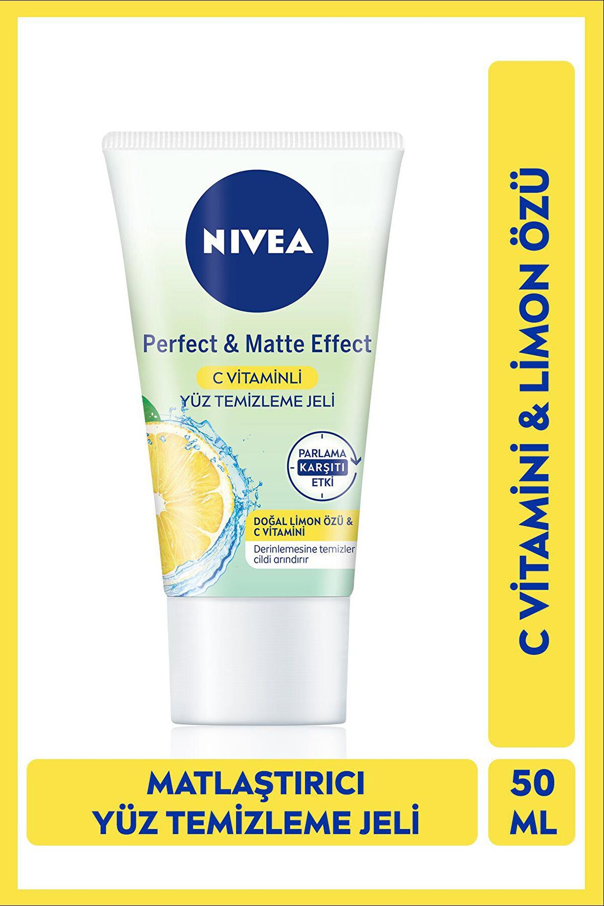 Nivea Yüz Temizleme Jeli Perfect&Matte 50ml, C Vitamini, Limon Özü, Matlaştırıcı Etki, Parlama Kontrolü