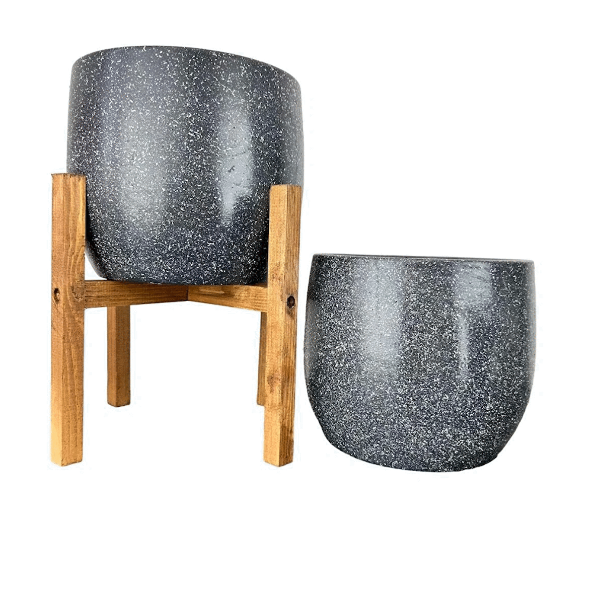 Ev Dekorasyon Aksesuar Gri Granit Toprak Saksı Saksılık Salon Çiçeklik İkili Set Ayaksız - 4 Ayaklı- 19 CM