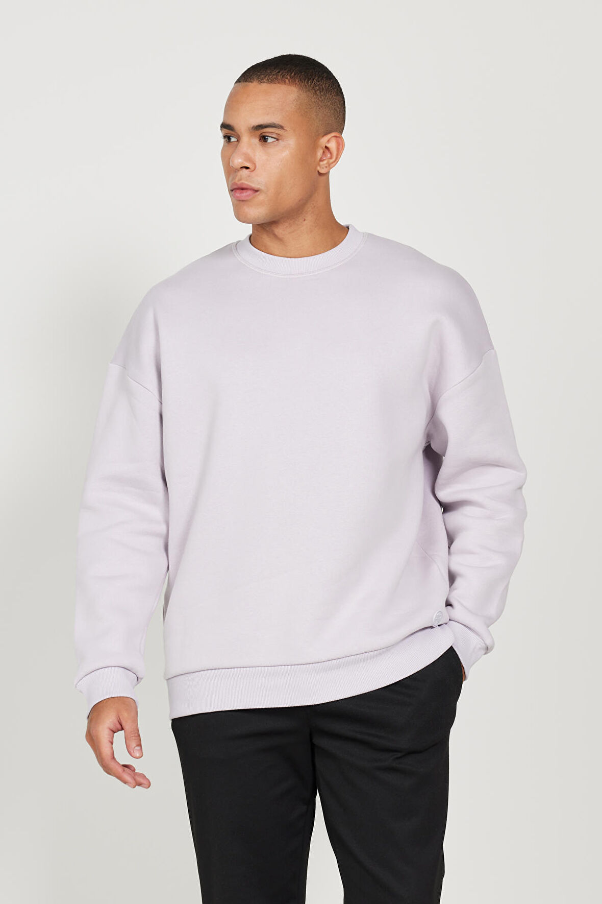 Erkek Lila Oversize Fit Bol Kesim Pamuklu Içi Polarlı 3 Iplik Bisiklet Yaka Sweatshirt