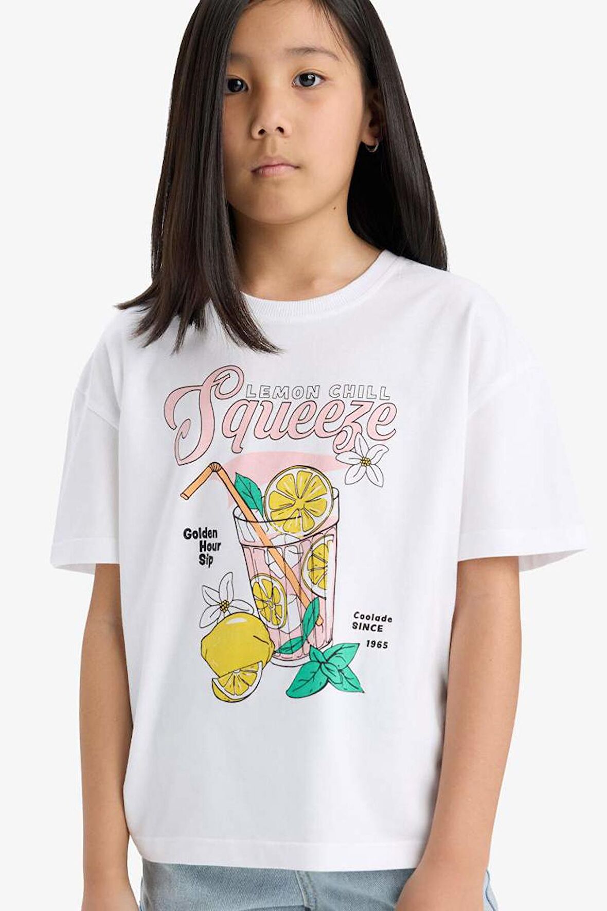 DeFacto Kız Çocuk Relax Fit Bisiklet Yaka Baskılı Kısa Kollu Tişört E0389A825SMWT34