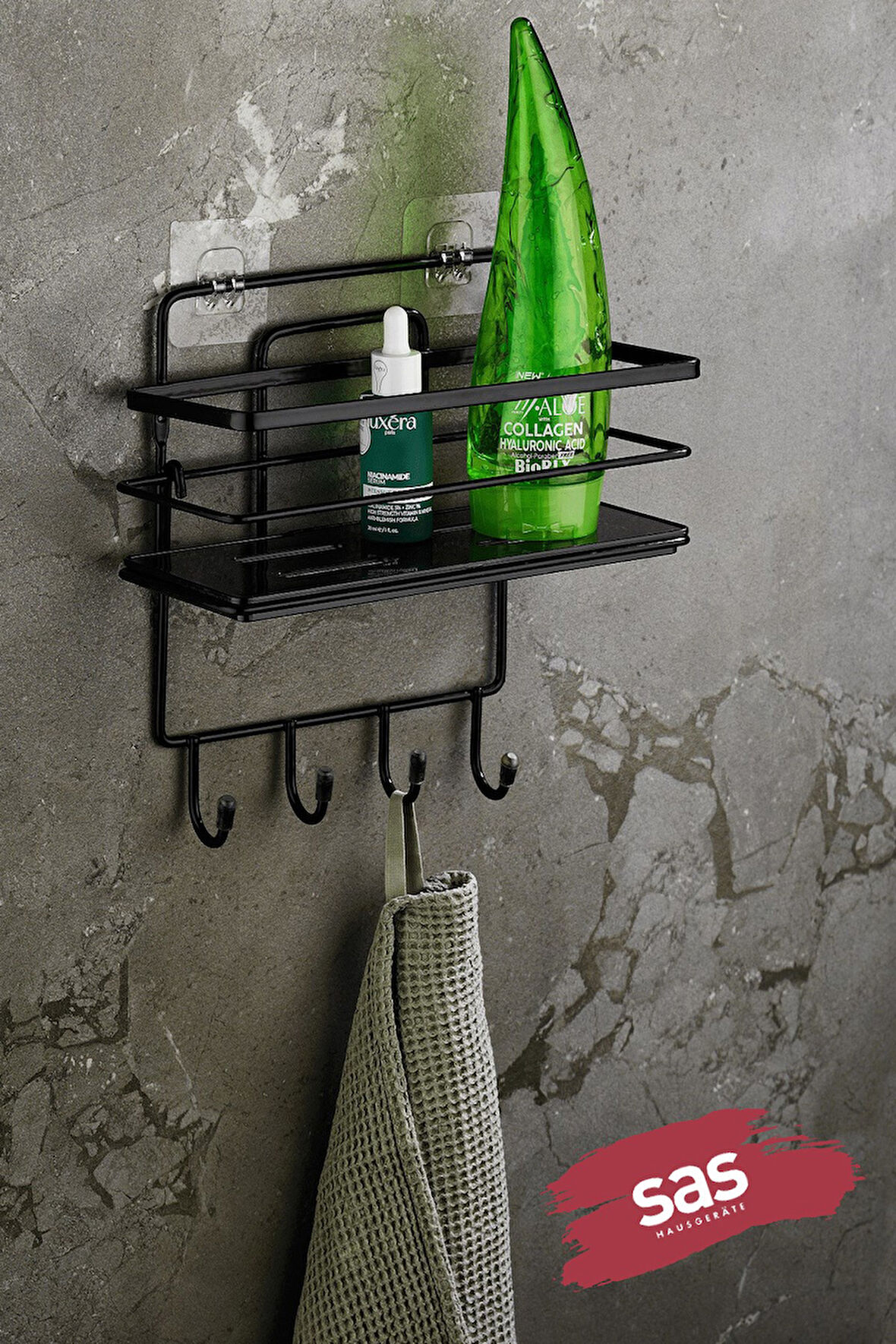 4 Kancalı Ayarlanabilir Banyo Duş Rafı – Paslanmaz Kristal Şampuanlık (Yapıştır/Vidala) Siyah