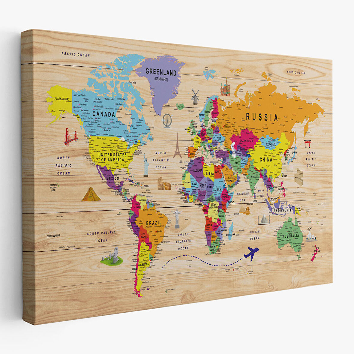 Harita Sepeti Ahşap Görünümlü Dünya Haritası Sembollü Eğitici ve Öğretici Dekoratif Kanvas Tablo 2904