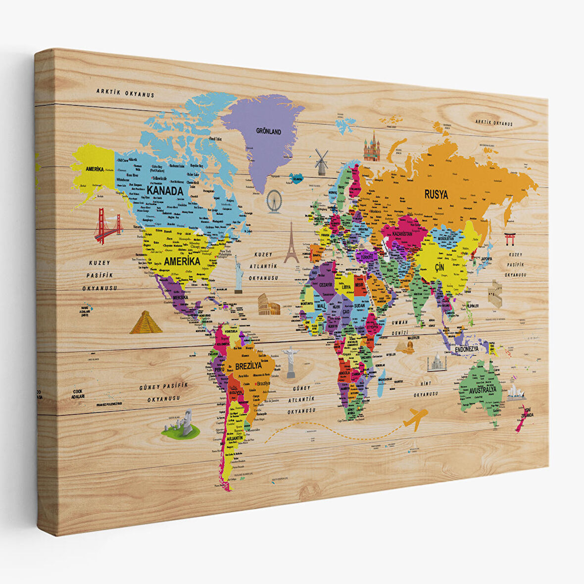 Harita Sepeti Ahşap Görünümlü Türkçe Dünya Haritası Sembollü Eğitici Dekoratif Kanvas Tablo 2905