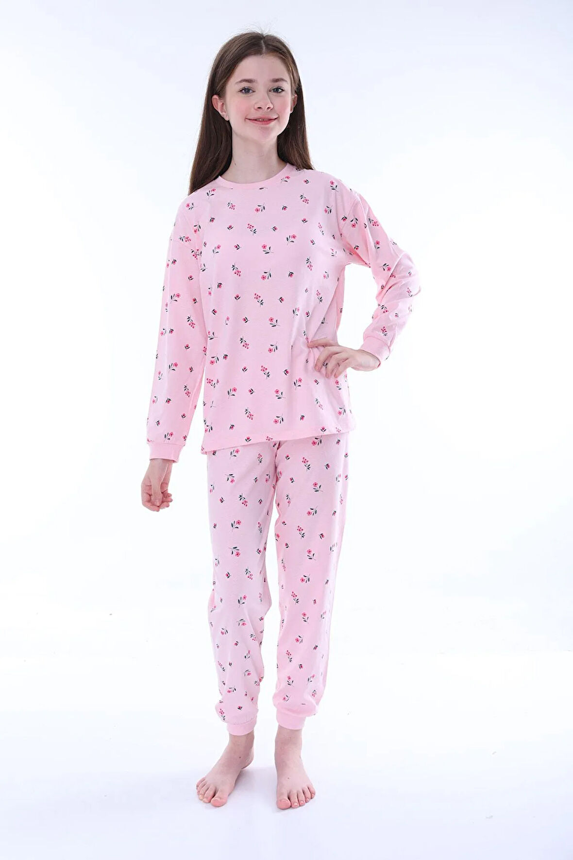 Minimal Çiçek Detaylı Pembe Kız Çocuk Pijama Takımı