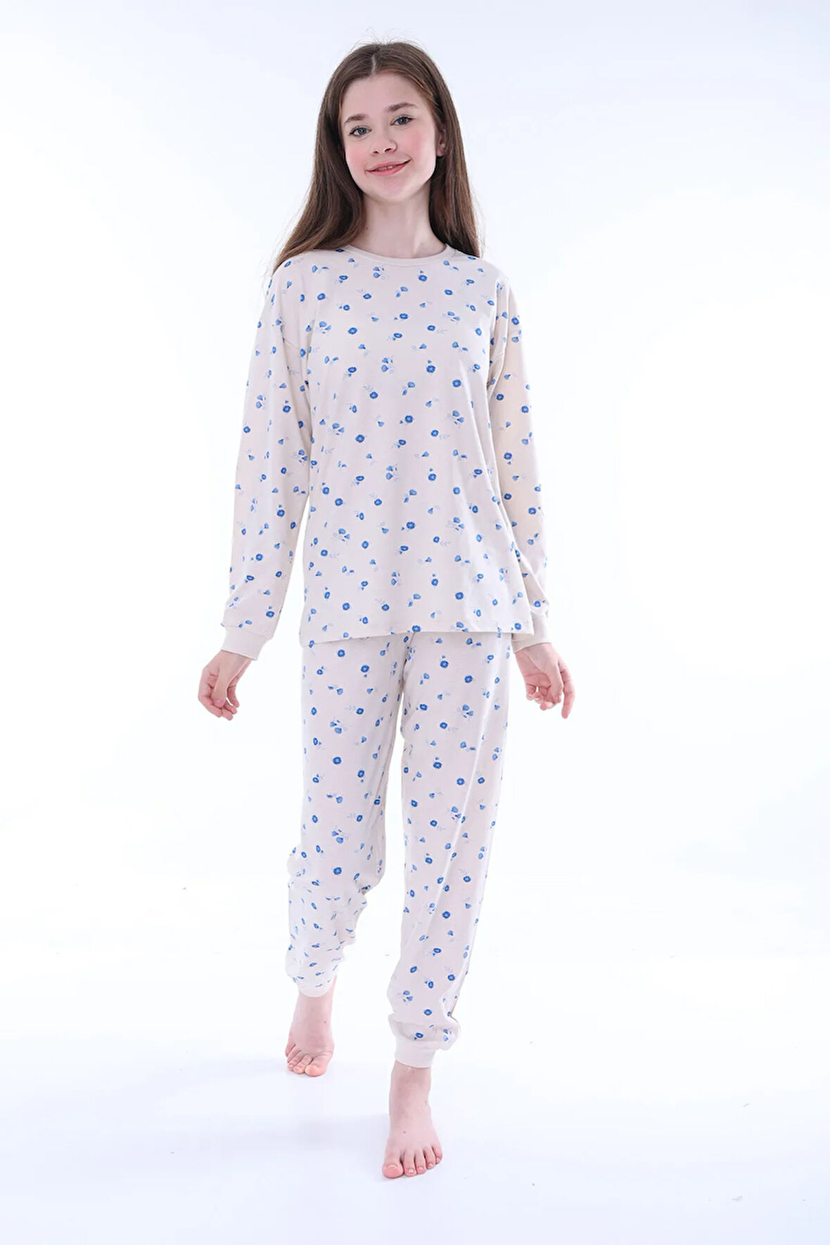 Minimal Çiçek Detaylı Pembe Kız Çocuk Pijama Takımı