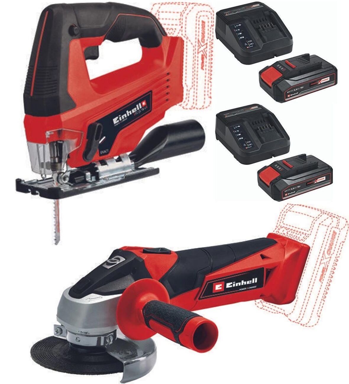 Einhell TC-JS 18 Akülü Dekupaj Testere + TC-AG 18/115 Avuç Taşlama + 2x2.5ah Şarj Ünitesi