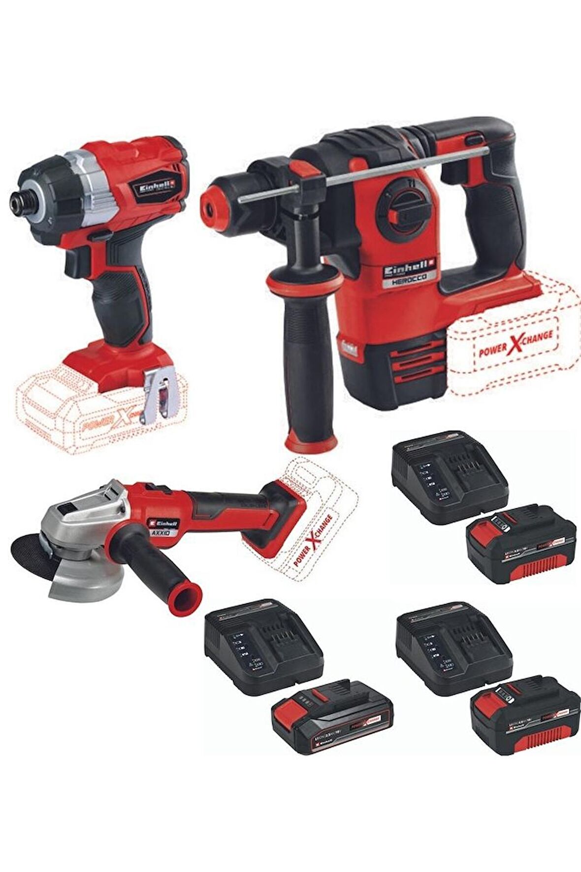 Einhell TE-CI 18 BL 2.5 Ah - 4 Ah 3 Akülü Darbeli Vidalama + Axxio 18/115 Taşlama Herocco 18v Kırıcı Delici
