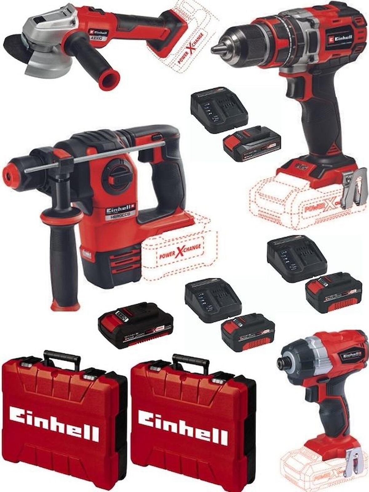 Einhell TP-CD 18/50 Li-i BL Matkap TE-CI 18 BL Vidalama Herocco 18V Kırıcı Axxio 125mm Avuç Taşlama 2x4.0+2.0+2.5ah Kömürsüz Profesyonel Akülü Set