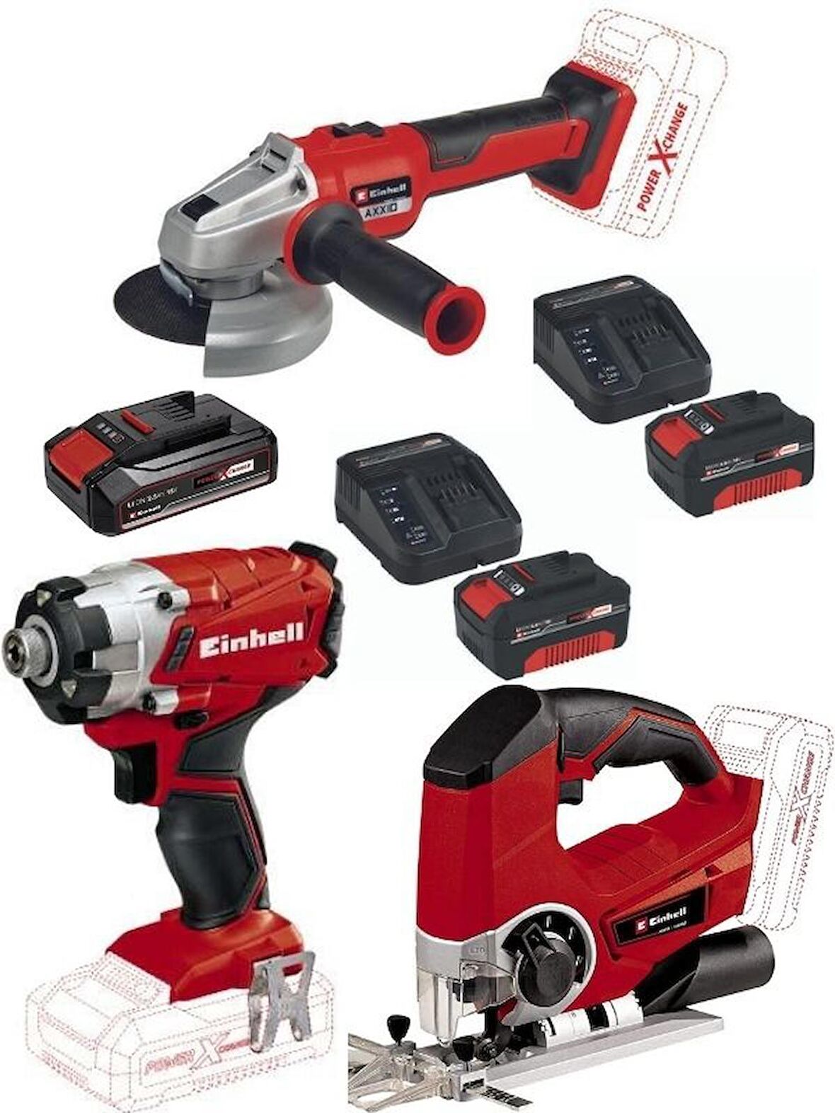 Einhell TE-CI 18/1 Vidalama Axxio 18/115 Q Avuç Taşlama Te-js 18/80 Dekupaj 2x4.0+2.5ah Akülü Set