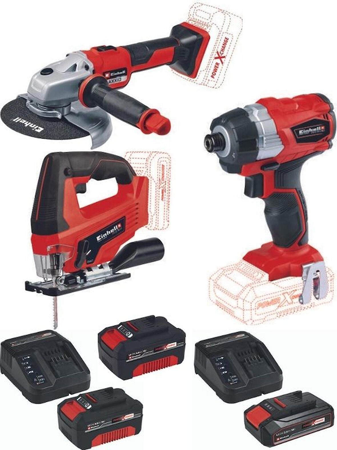 Einhell Axxio 18/150 Avuç Taşlama TE-CI 18 BL Vidalama TC-JS 18 Dekupaj 2x4.0+2.5ah Akülü Set