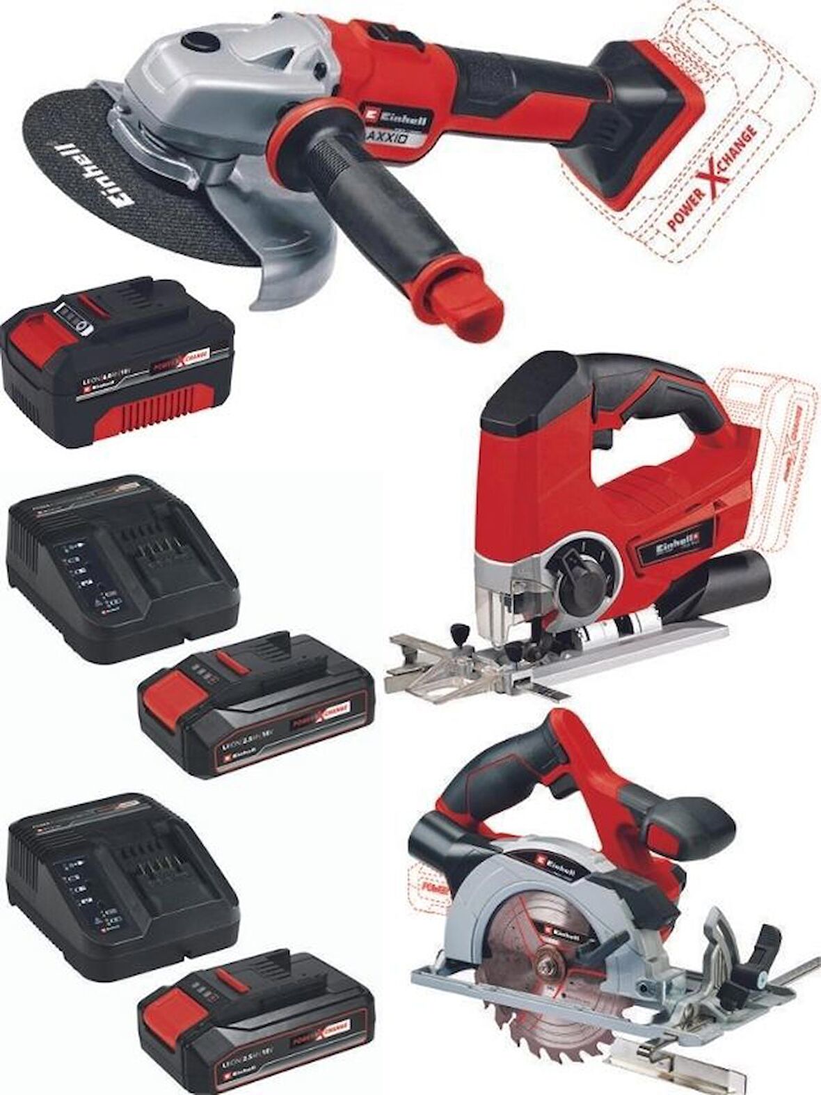 Einhell Axxio 18/150 Avuç Taşlama TE-JS 18/80 Dekupaj Te-cs 18/165/1 Daire Testere 2x2.5+4.0ah Akülü Set