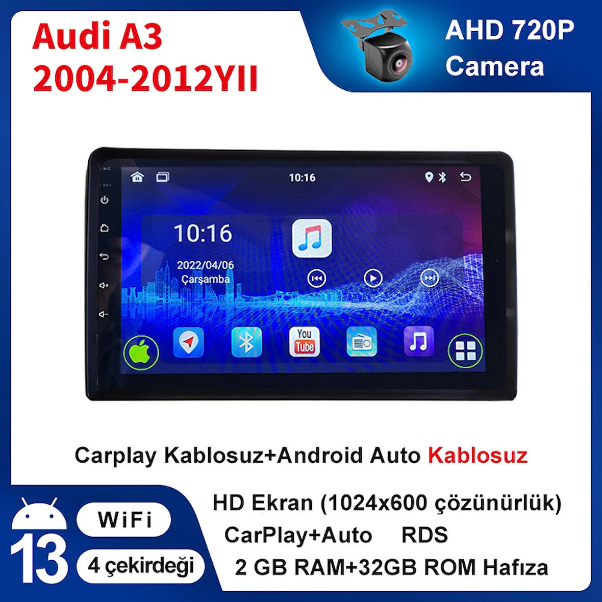 Audi A3 2004-2012 Yıl 2GB Ram 32GB Hafıza 9 İnç Android 14 Cihaz Kablosuz Carplay Kablosuz Android Auto Multimedya Navigasyon Double Teyp Araç Monitor Ekran