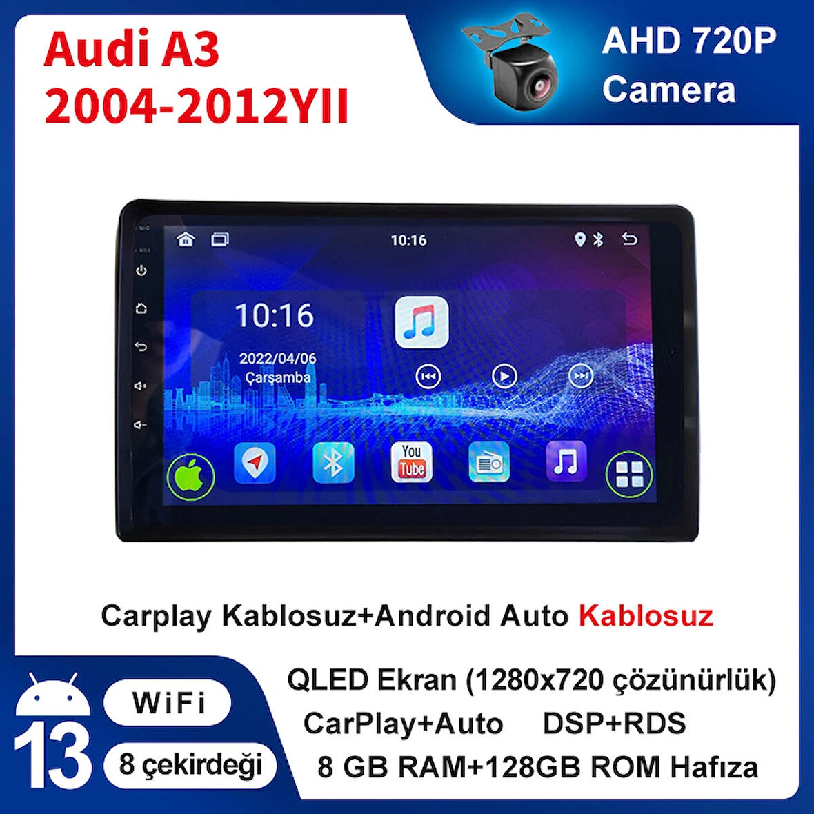 Audi A3 2004-2012 Yıl 8GB Ram 128GB Hafıza 9 İnç Android 14 Cihaz Kablosuz Carplay Kablosuz Android Auto Multimedya Navigasyon Double Teyp Araç Monitor Ekran