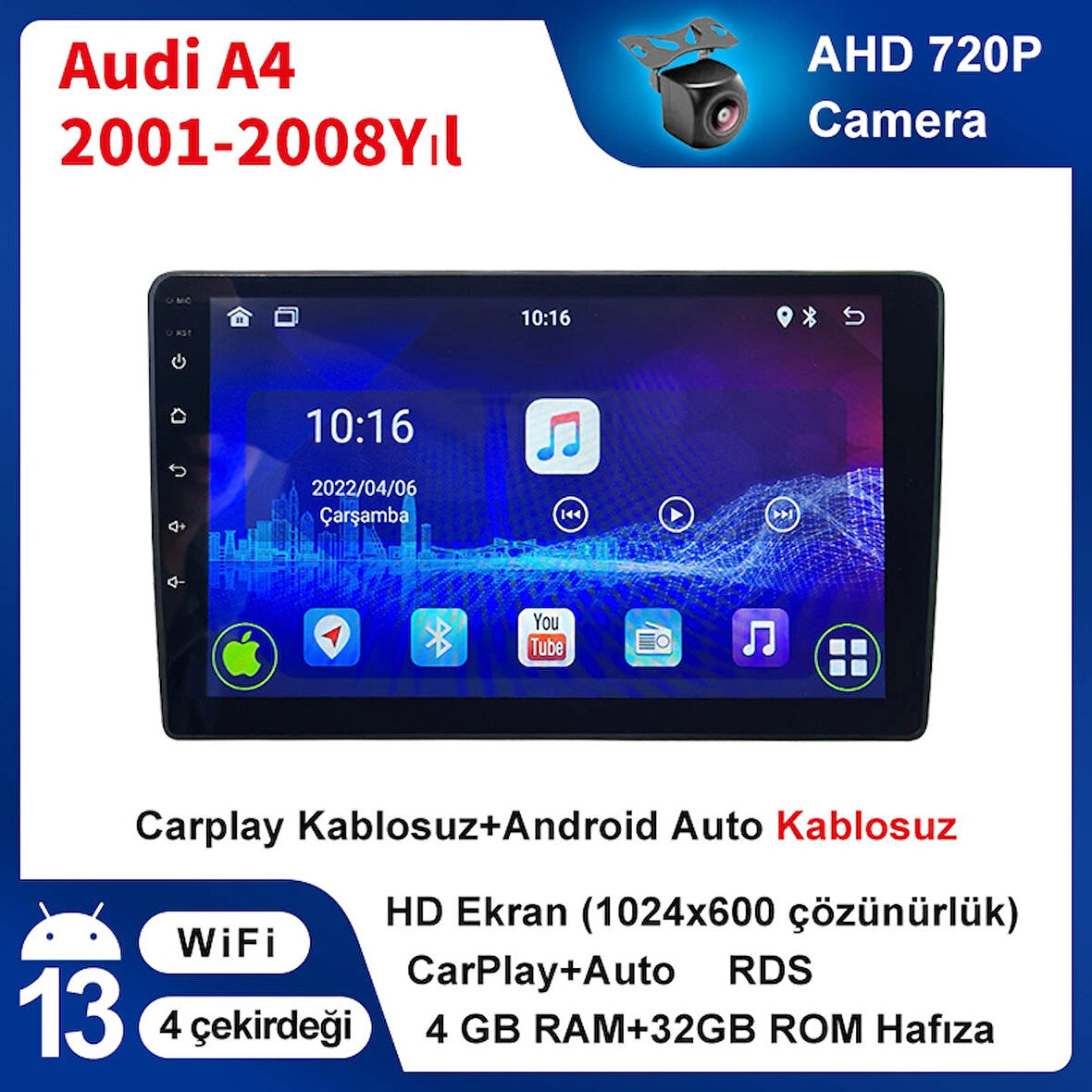 Audi A4 2001-2008 Yıl 4GB Ram 32GB Hafıza 9 İnç Android 14 Cihaz Kablosuz Carplay Kablosuz Android Auto Multimedya Navigasyon Double Teyp Araç Monitor Ekran