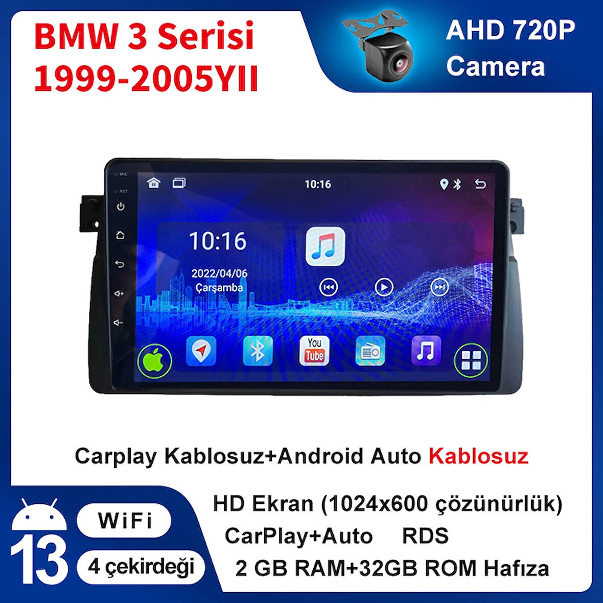 BMW 3 Serisi E46 1999-2005 Yıl 2GB Ram 32GB Hafıza 9 İnç Android 14 Cihaz Kablosuz Carplay Kablosuz Android Auto Multimedya Navigasyon Double Teyp Araç Monitor Ekran