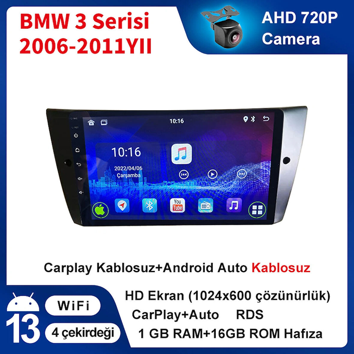 BMW 3 Serisi E90 2006-2011 Yıl 1GB Ram 16GB Hafıza 9 İnç Android 14 Cihaz Kablosuz Carplay Kablosuz Android Auto Multimedya Navigasyon Double Teyp Araç Monitor Ekran