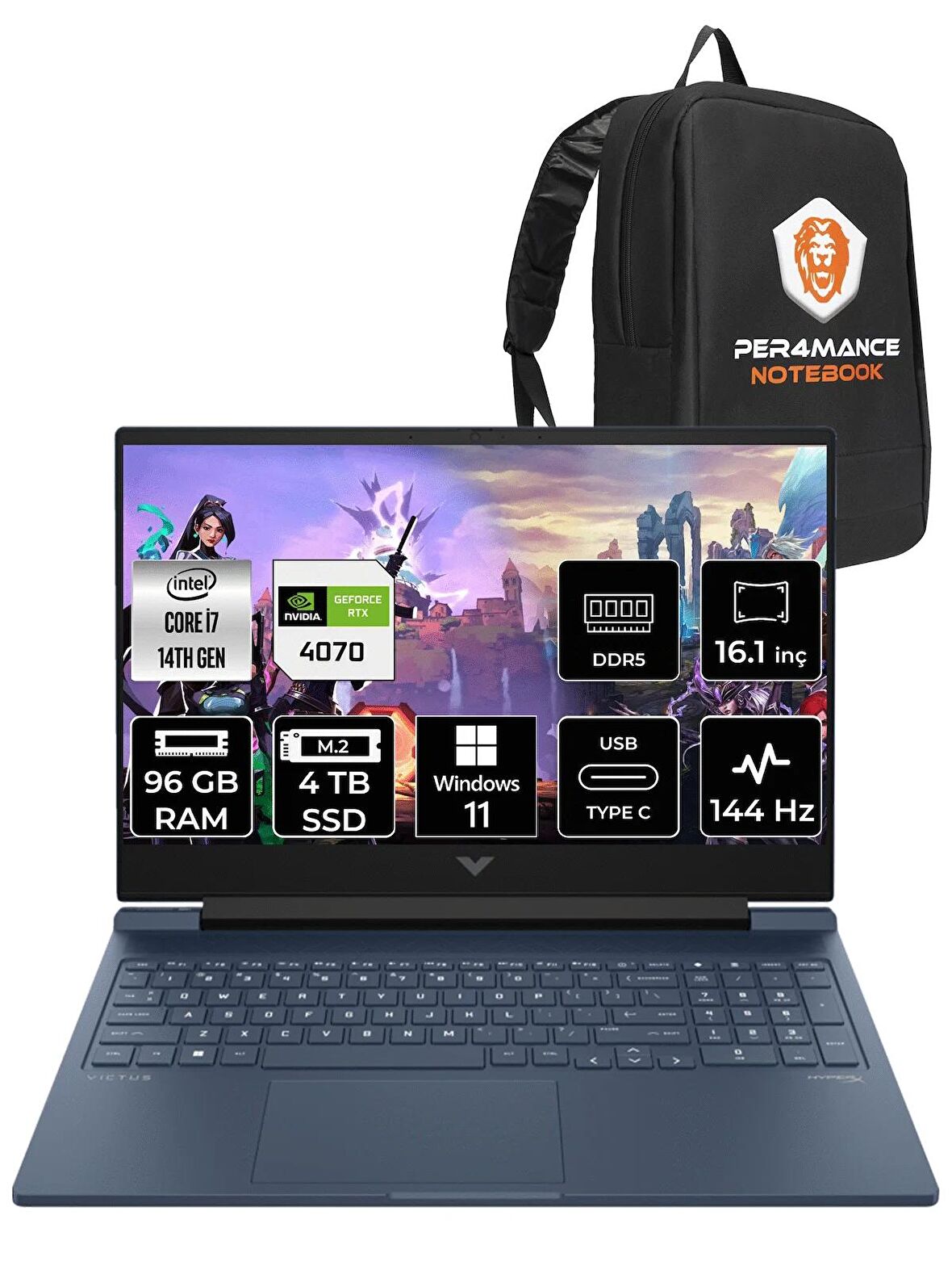 HP VİCTUS 16  i7-14700HX 96GB RAM 4TB SSD RTX4070/8GB 144Hz 16.1 FHD W11PRO 9J221EA & PER4 ÇANTA