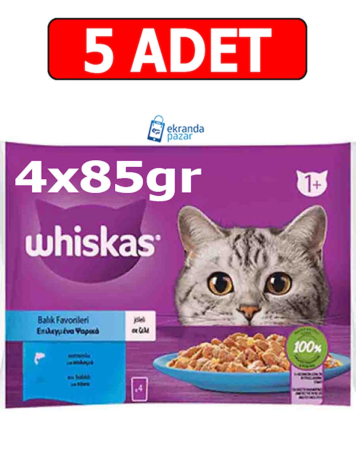 Whiskas ton somon pouch kedi yaş mama (4x85gr) 5adet balık favorileri ton somon kedi konserve