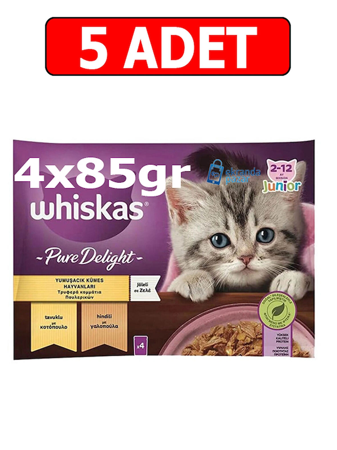 Whiskas junior kitten pure delight pouch kedi yaş mama(4x85gr)5adet kümes hayvanlı tavuk hindi jöle