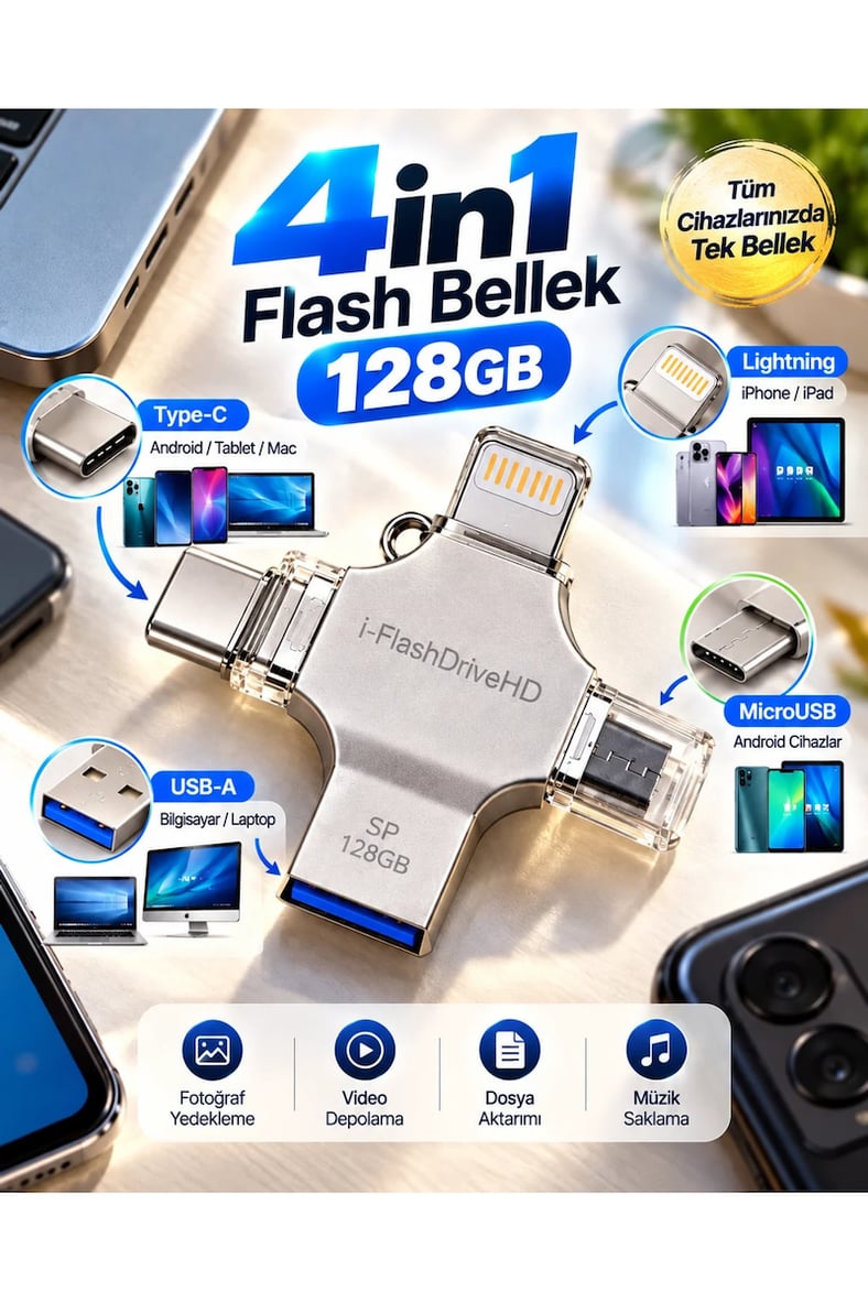128GB 4’lü Girişli Flash Bellek Lightning Type-C USB-A MicroUSB Telefon Tablet Bilgisayar Uyumlu