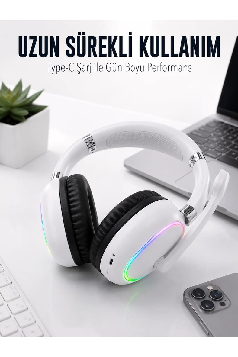 Beyaz Bluetooth 5.0 Mikrofonlu Kablosuz Kulak Üstü Kulaklık RGB Işıklı Type-C Şarjlı