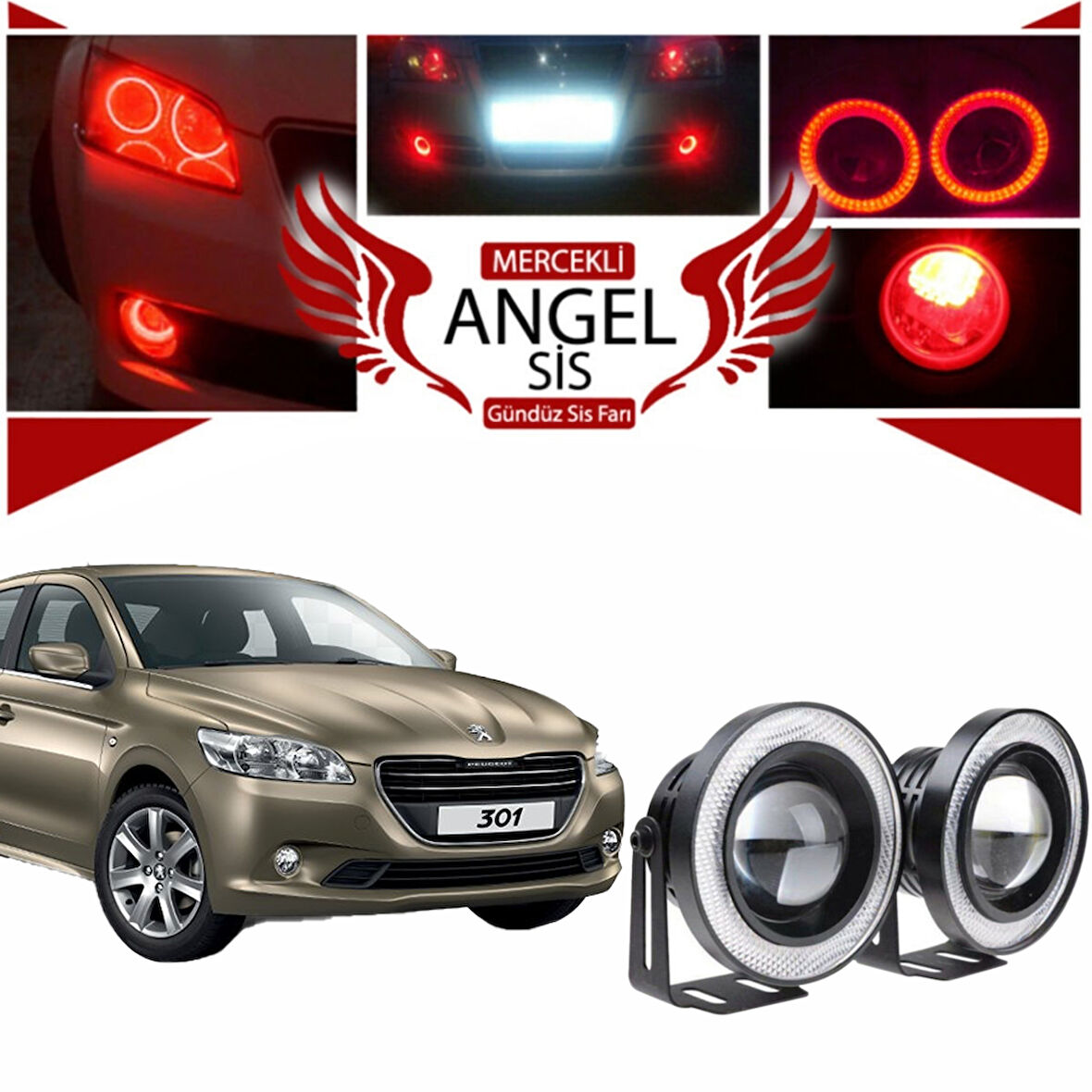 Peugeot 301 Uyumlu, Universal Mercekli Led Angel Sis Farı, 76mm Kırmızı Renk