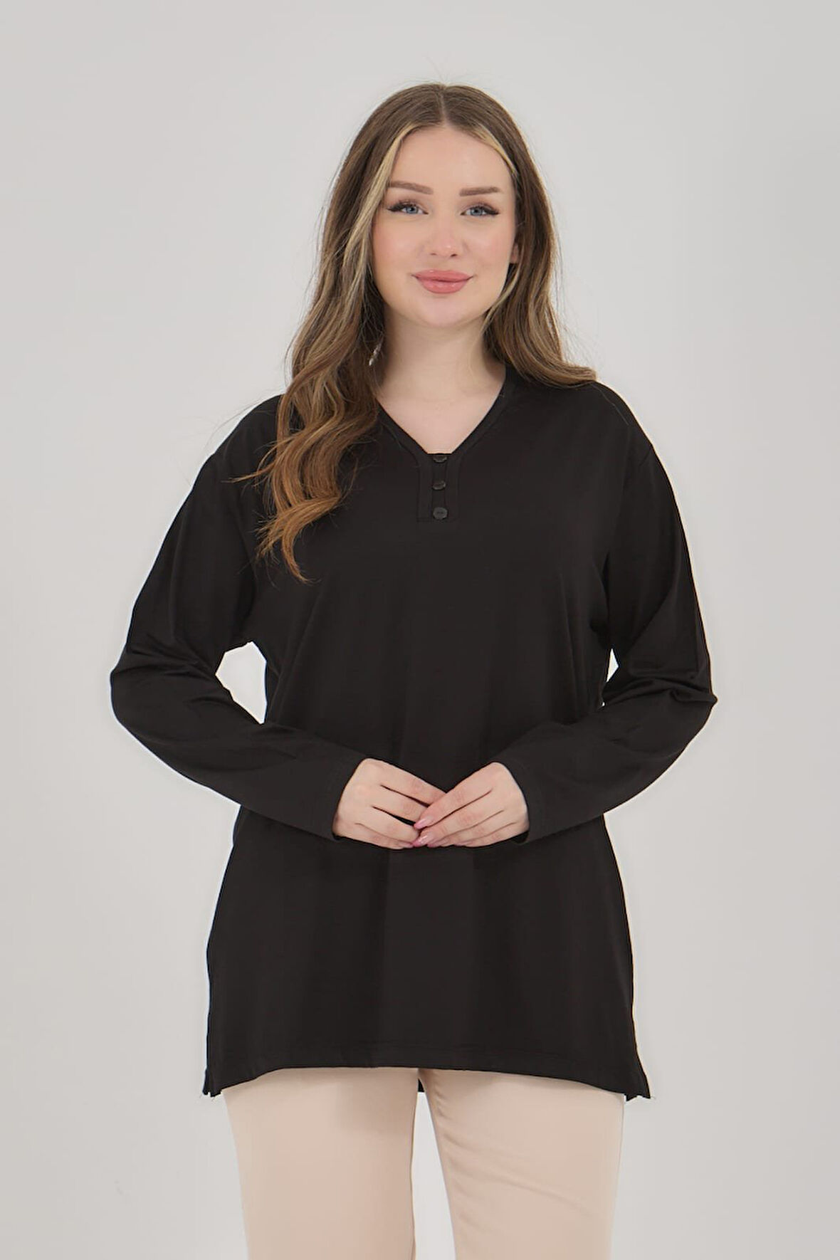 Kadın V Yaka Likralı Büyük Beden Orta Yaş Anne Penye Bluz