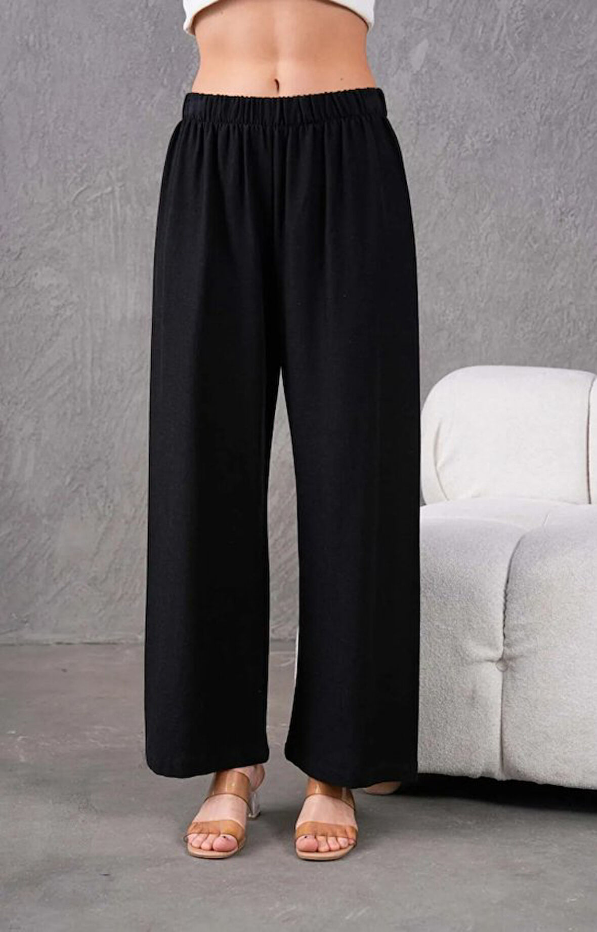 Kadın Keten Beli Lastikli Rahat Bol Paça Pantalon