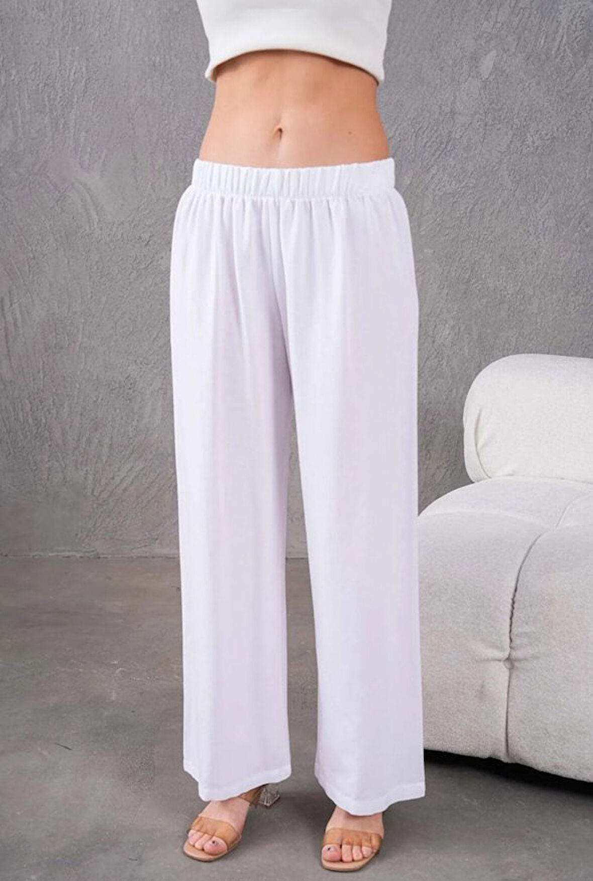 Kadın Keten Beli Lastikli Rahat Bol Paça Pantalon