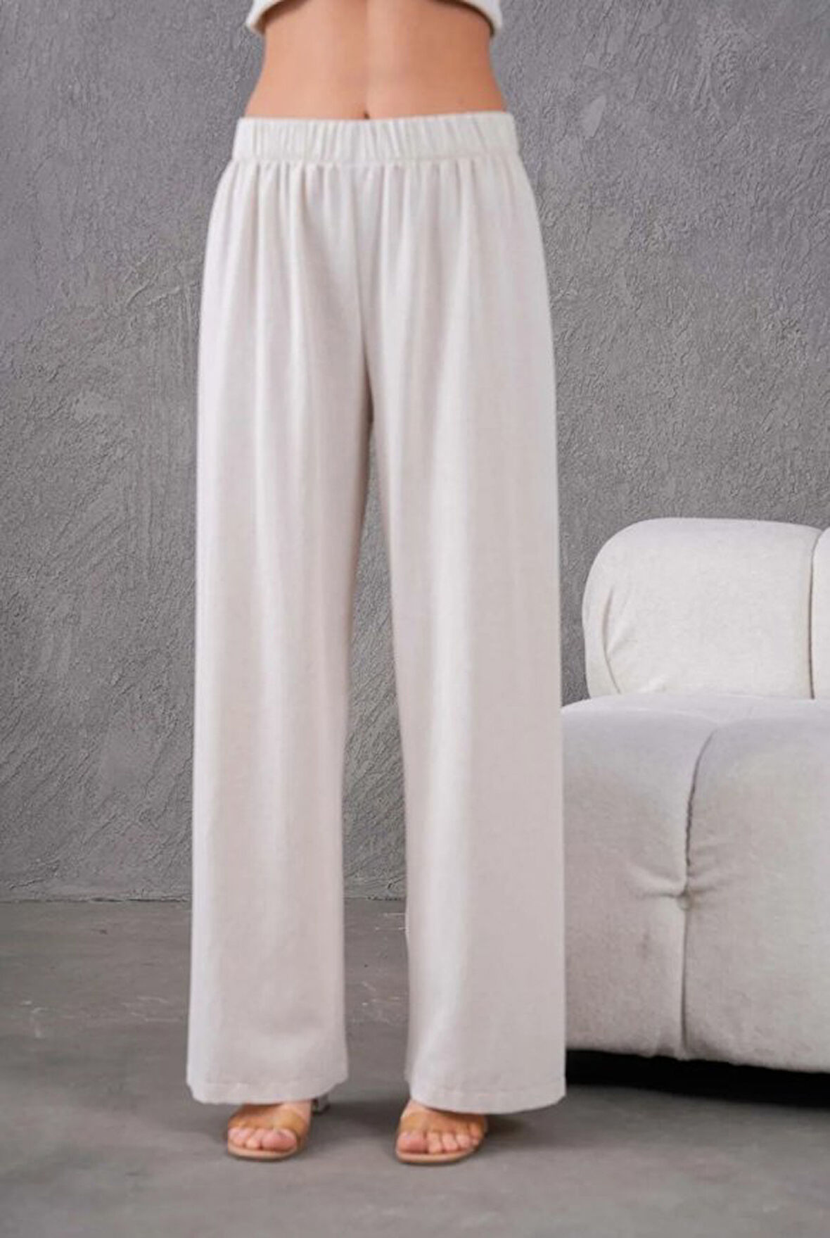 Kadın Keten Beli Lastikli Rahat Bol Paça Pantalon