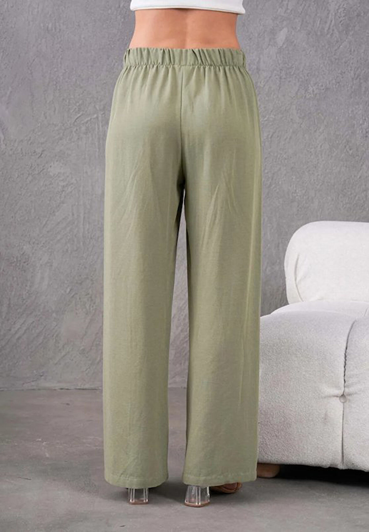 Kadın Keten Beli Lastikli Rahat Bol Paça Pantalon
