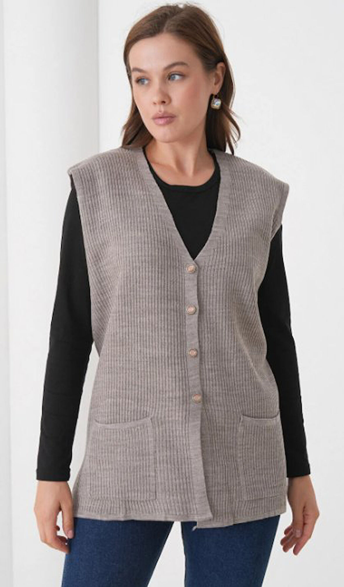 Kadın Anne Büyük Beden Fitilli Yün Triko Yelek