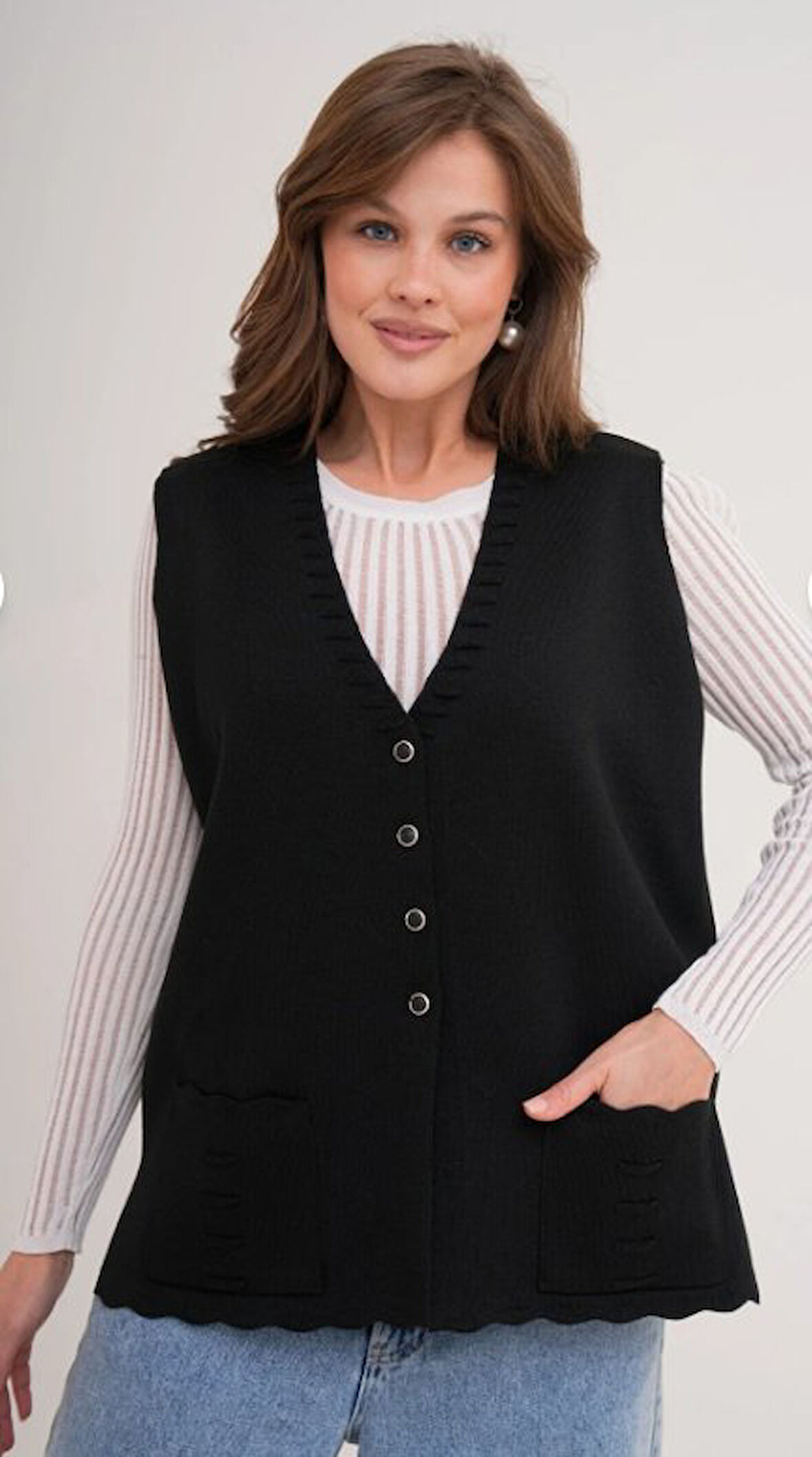 Kadın Anne Büyük Beden Triko Düz Model Yelek