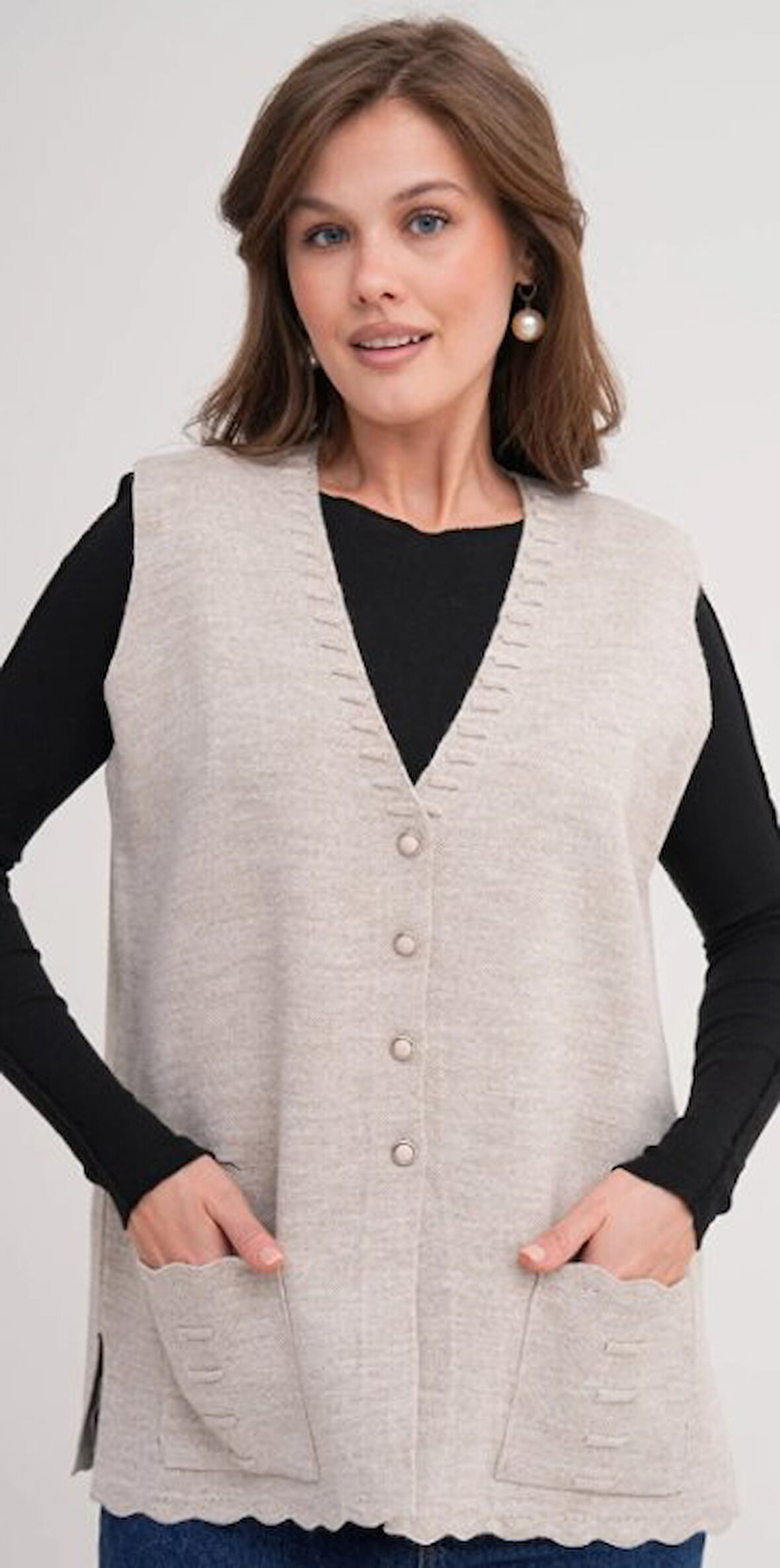 Kadın Anne Büyük Beden Triko Düz Model Yelek