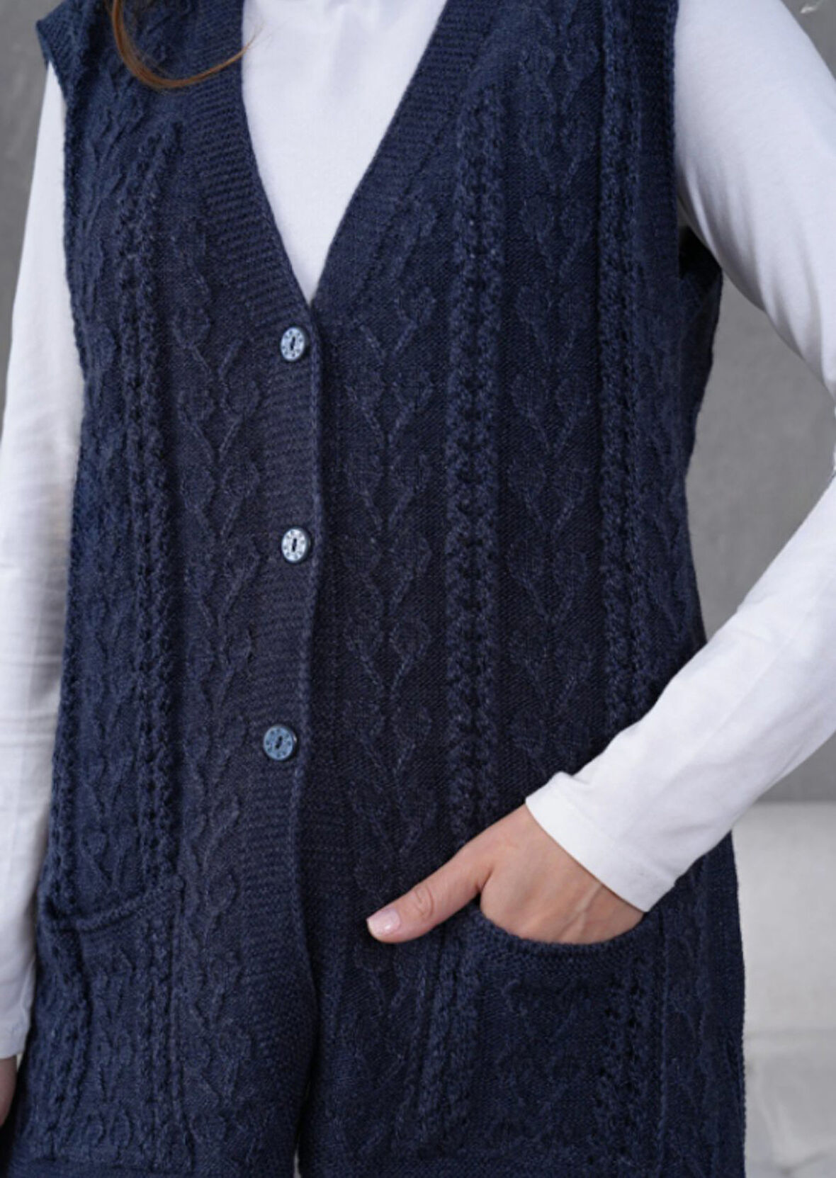 Kadın Triko Ajurlu Cep Detaylı Yün Yelek