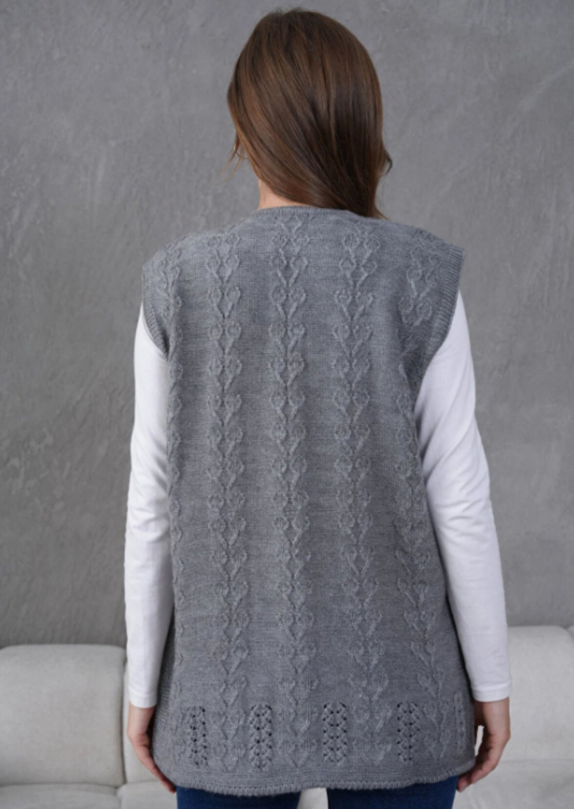 Kadın Triko Ajurlu Cep Detaylı Yün Yelek