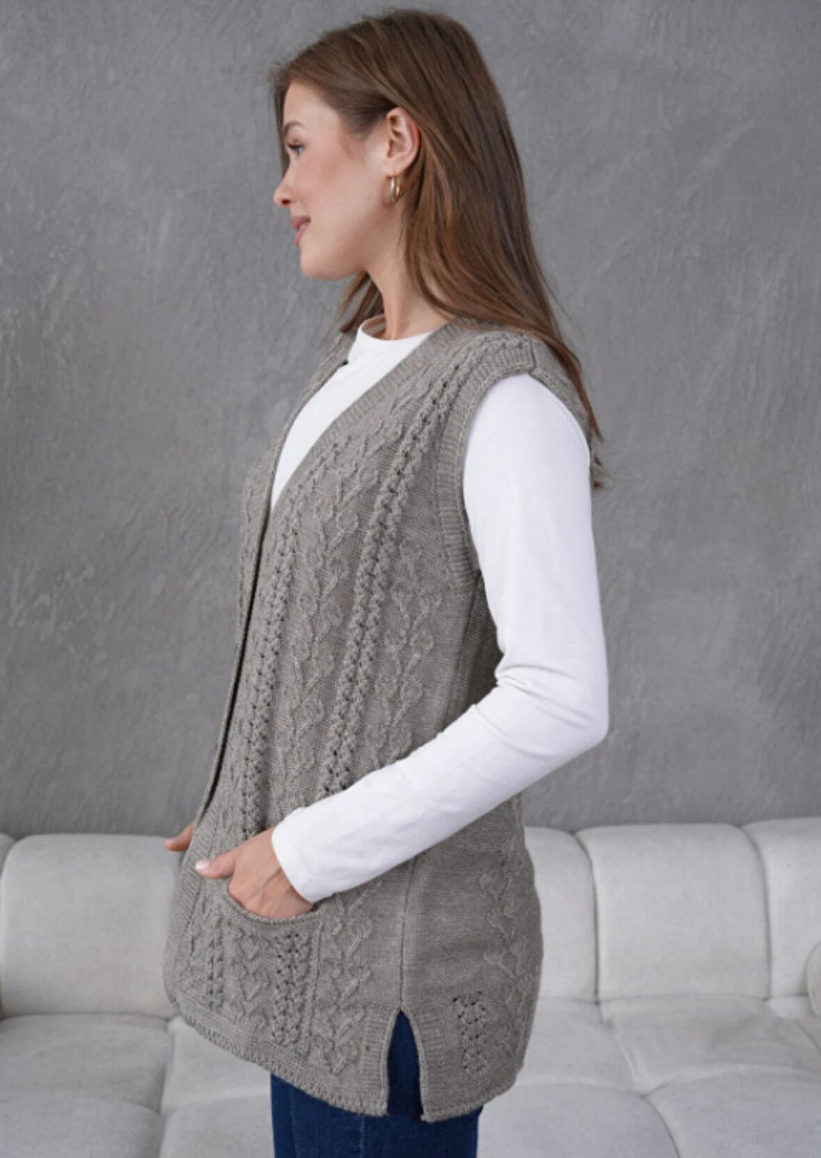 Kadın Triko Ajurlu Cep Detaylı Yün Yelek