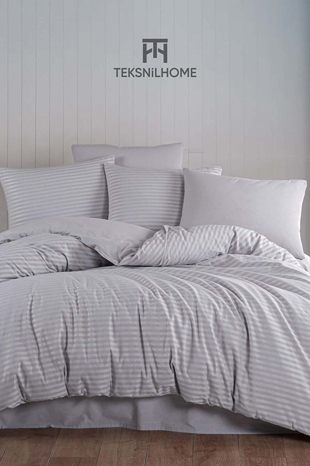 %100 Pamuklu Gri Natural Stripe Nevresim Takımı 3 Parça (ÇİFT KİŞİLİK)