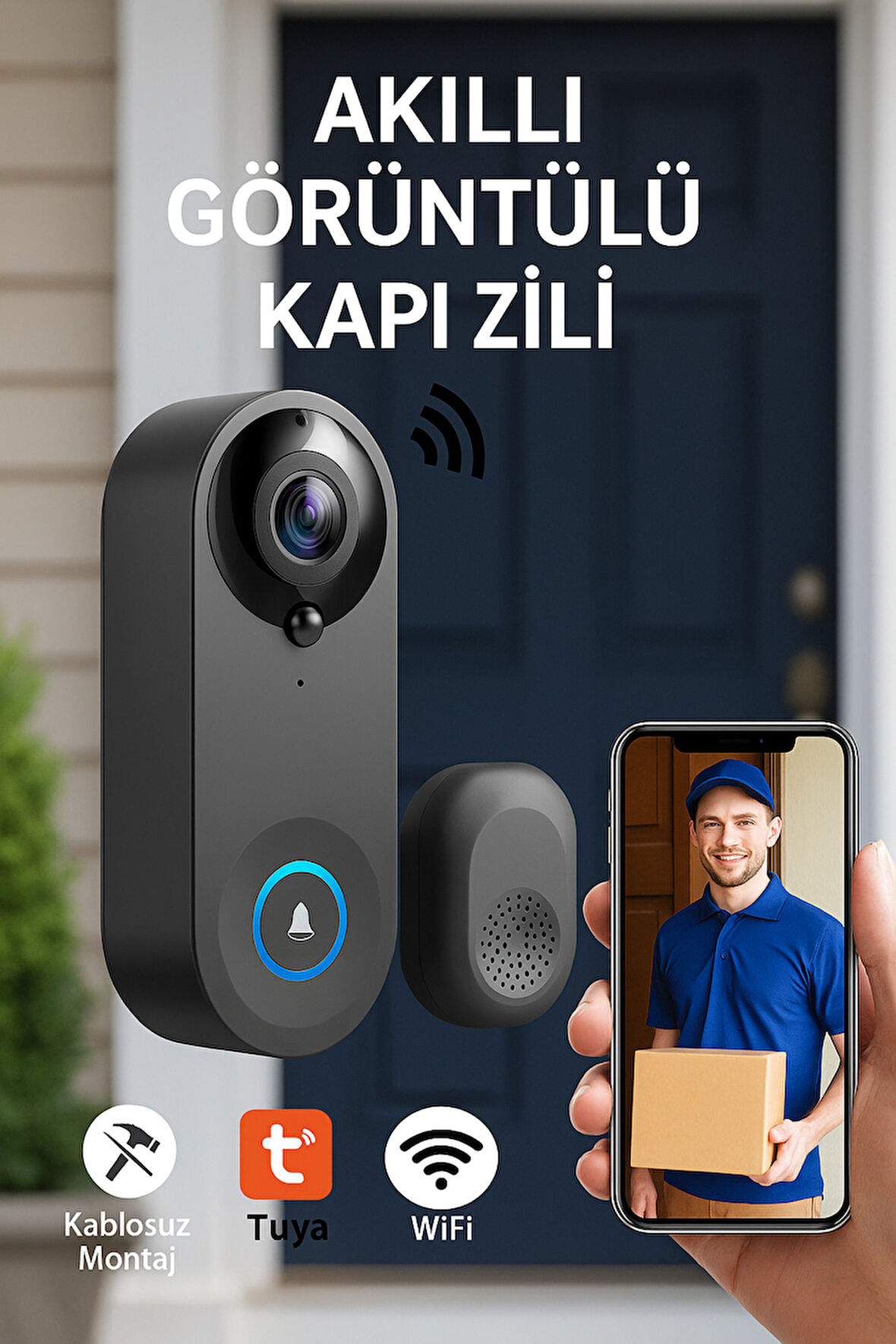 1080P HD Görüntülü WiFi Kablosuz Gece Görüş Su Geçirmeyen Akıllı Ev Kapı Zili