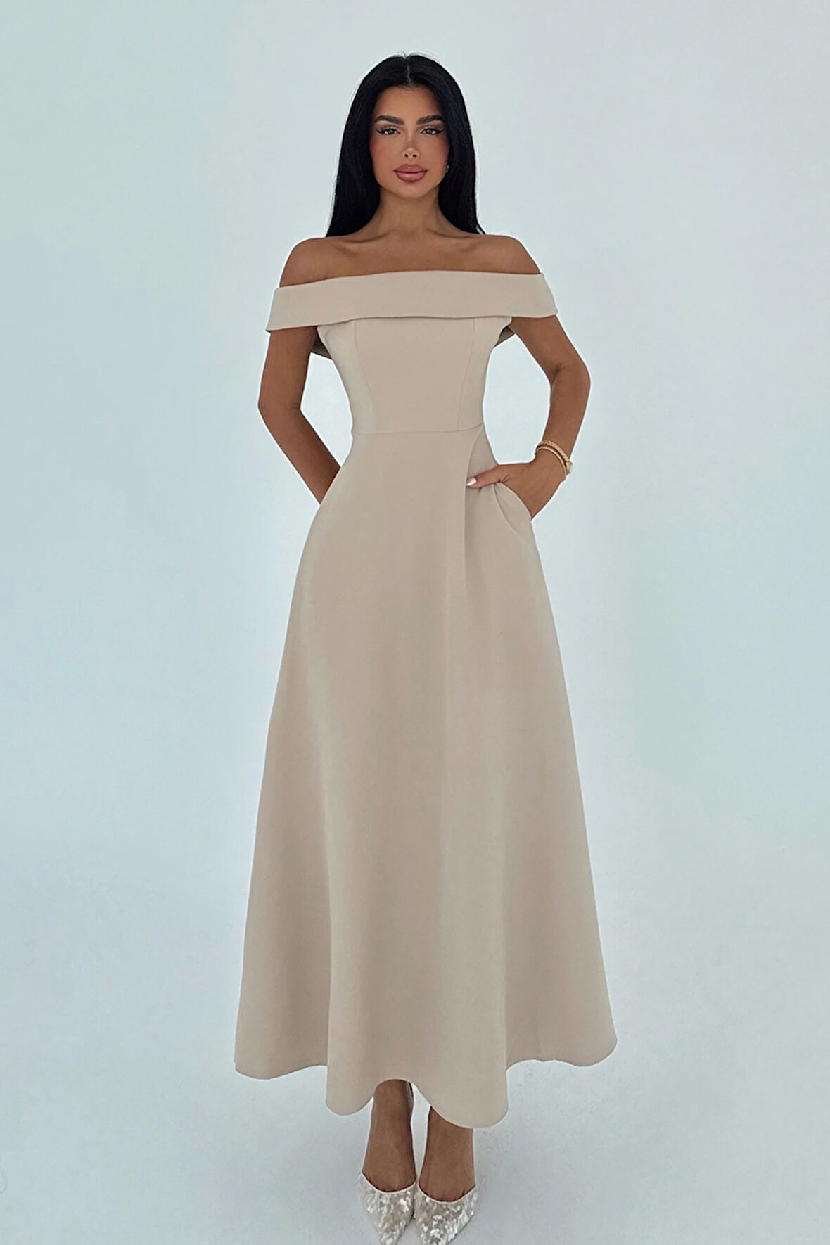 Krem Creil Madonna Yaka Elbise ATE-2923