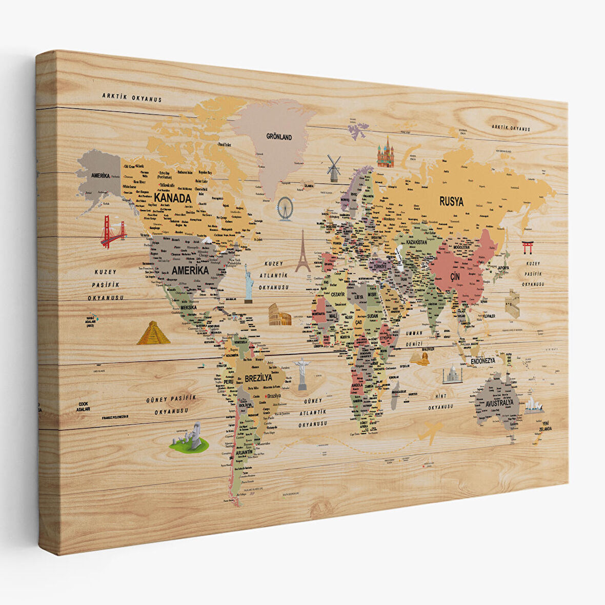 Harita Sepeti Ahşap Görünümlü Türkçe Dünya Haritası Sembollü Eğitici Kanvas Tablo 2925