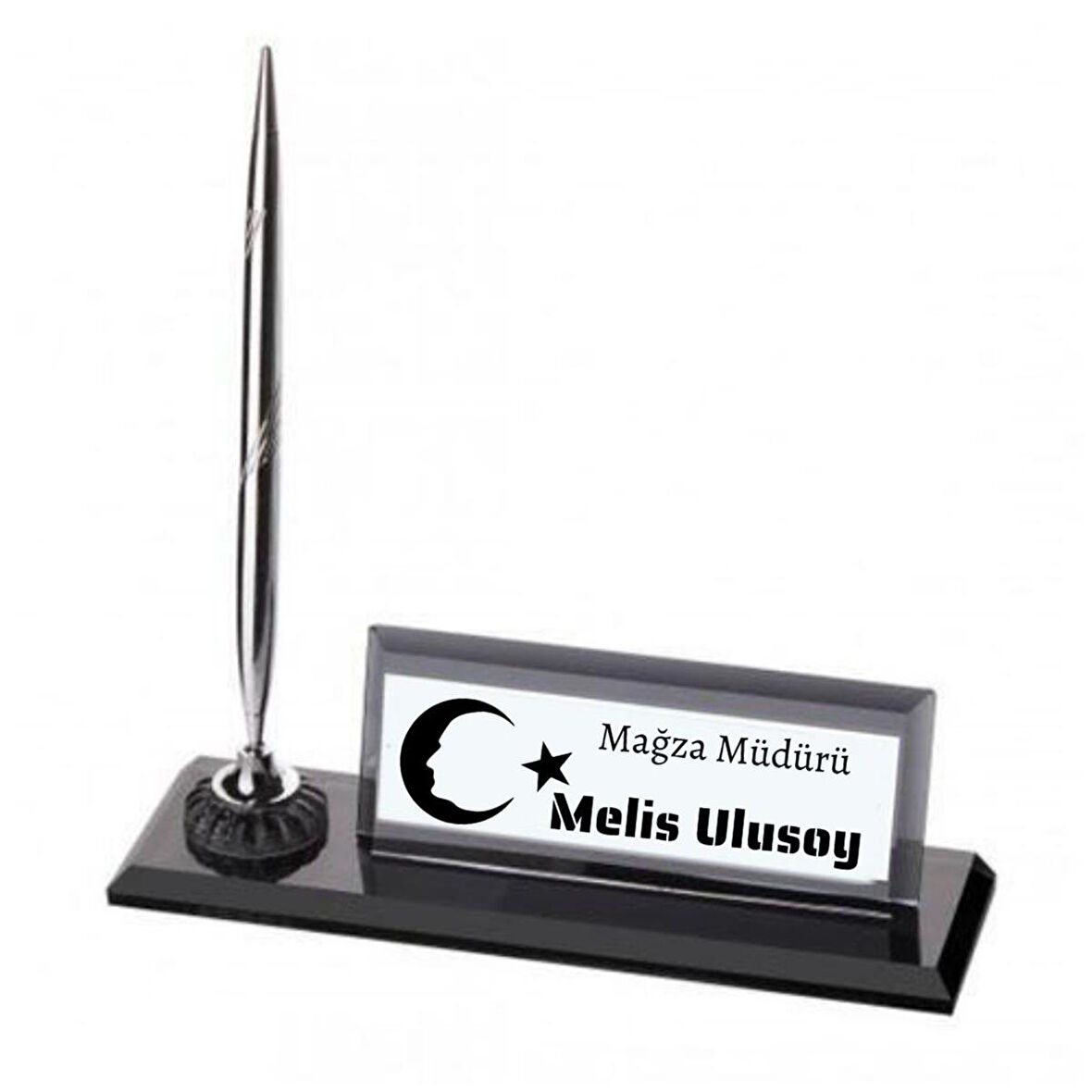 Kişiye Özel Ay Yıldız Temalı Kristal Kalemli  Masa İsimliği