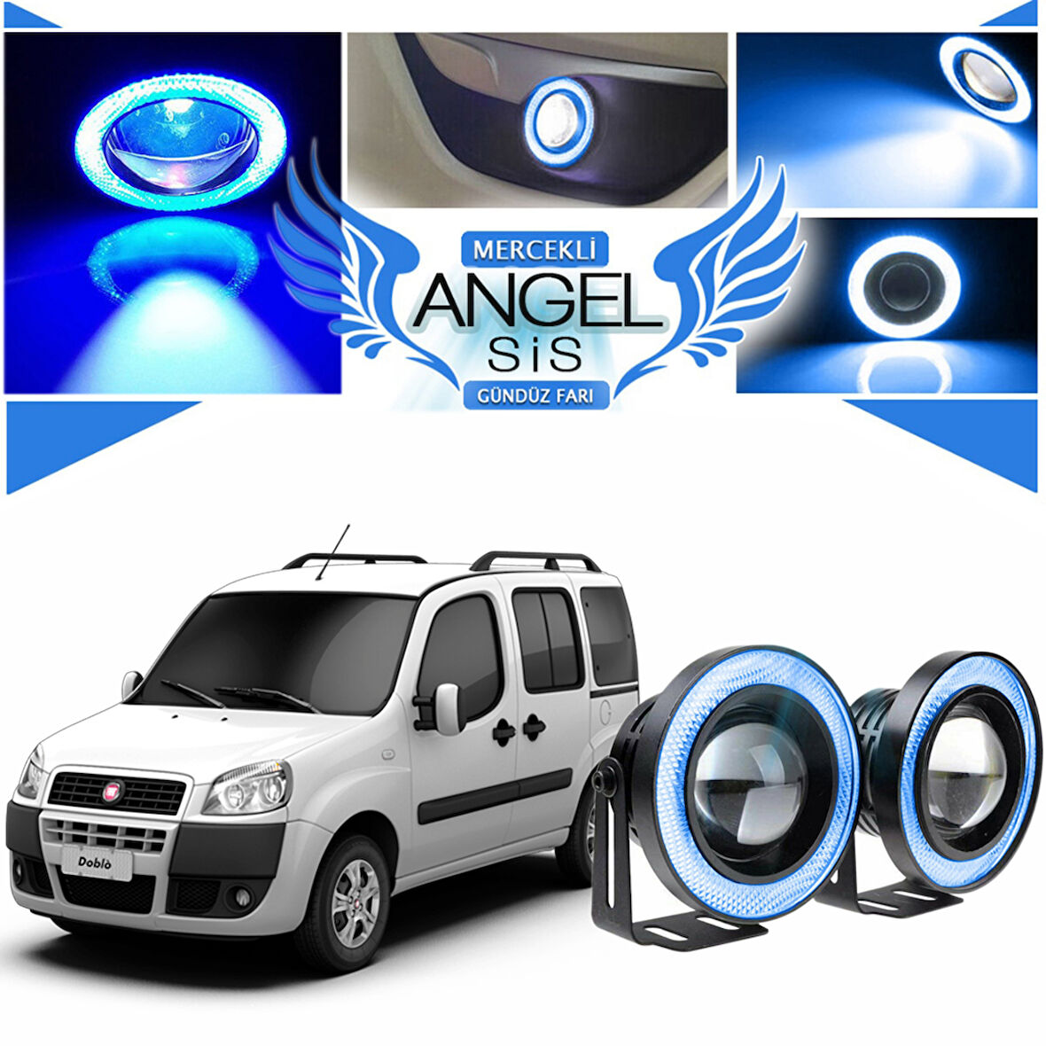 Fiat Doblo D1 Uyumlu, Universal Mercekli Led Angel Sis Farı, 76mm Buz Mavi Renk