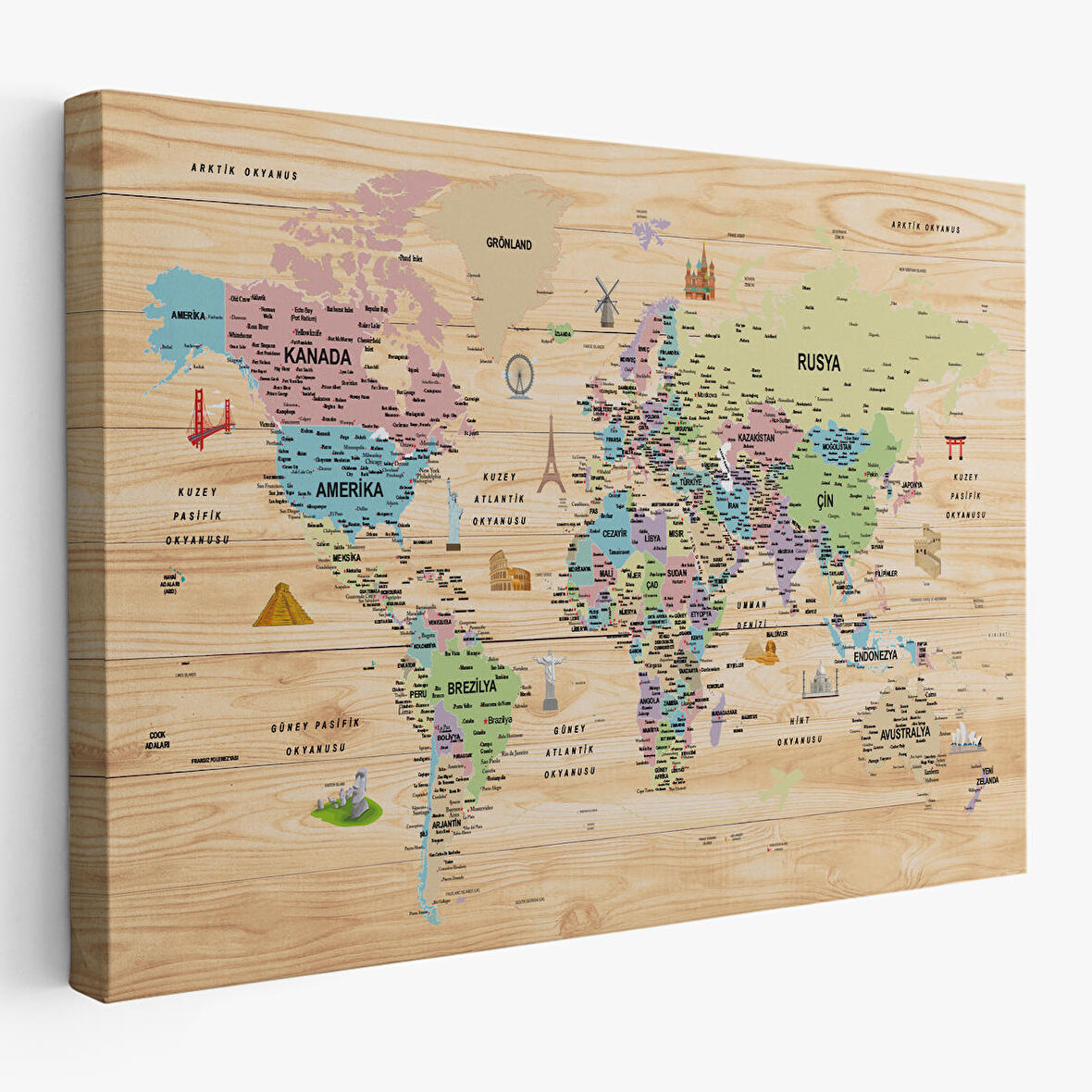 Harita Sepeti Ahşap Görünümlü Türkçe Dünya Haritası Sembollü Eğitici Kanvas Tablo 2929