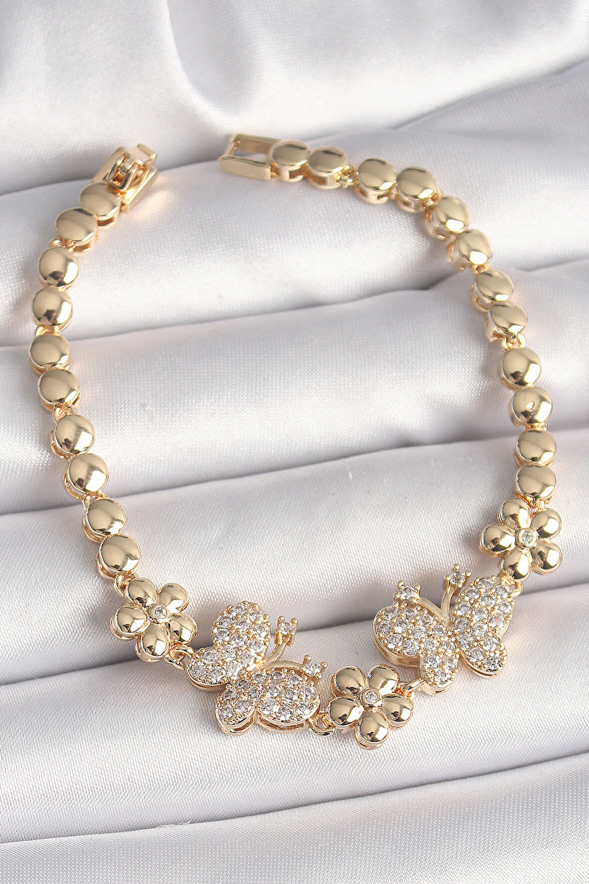 Pirinç Gold Renk Zirkon Taşlı Kelebek Figür Çiçek Zincir Model Kadın Bileklik - TJ-BB6826