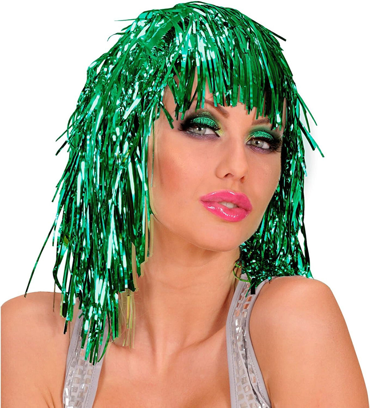 Yeşil Işıltılı Metalize Parti Peruğu