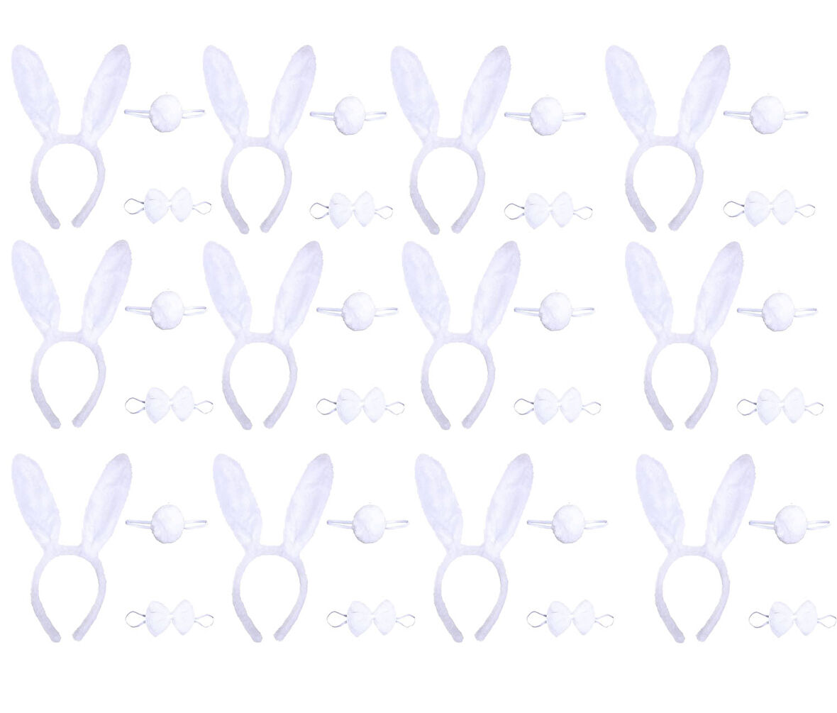 Beyaz Tavşan Kostüm Seti – Taç Papyon Kuyruk 12 li Paket